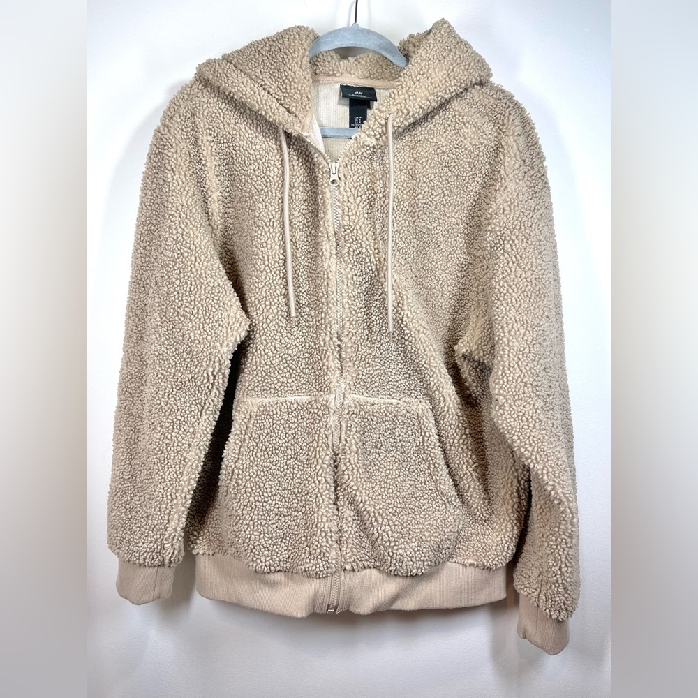 H&M‎ Women’s Hooded Teddy Sherpa Tan Nude Jacket Size Medium